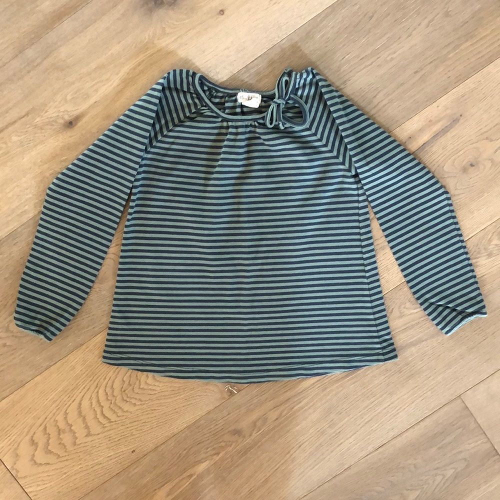 Olive Juice Blue Striped Long Sleeve Cotton Shirt w/ Bow, Girls M